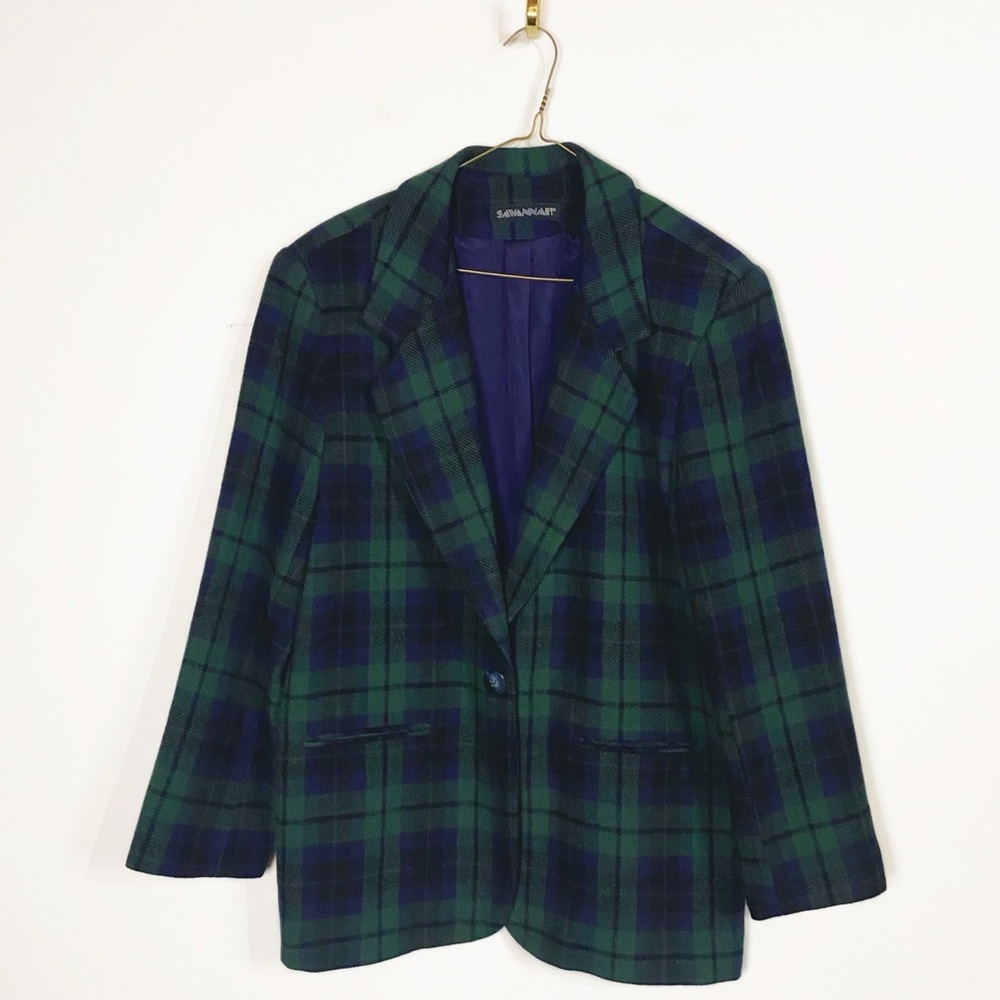 Vtg Womens Savannah Tartan Plaid Wool blend Blazer Jacket academia size 12